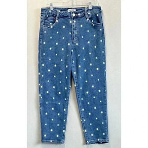 Rue 21 Women's Size 14 Blue‎ High Rise Tapered Daisy Embroidered Stretch Denim